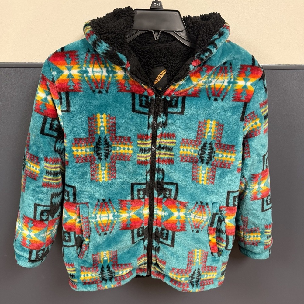 Youth Large Aztec Southwestern Zip Up Fleece Jacket Hoodie Sherpa Lined